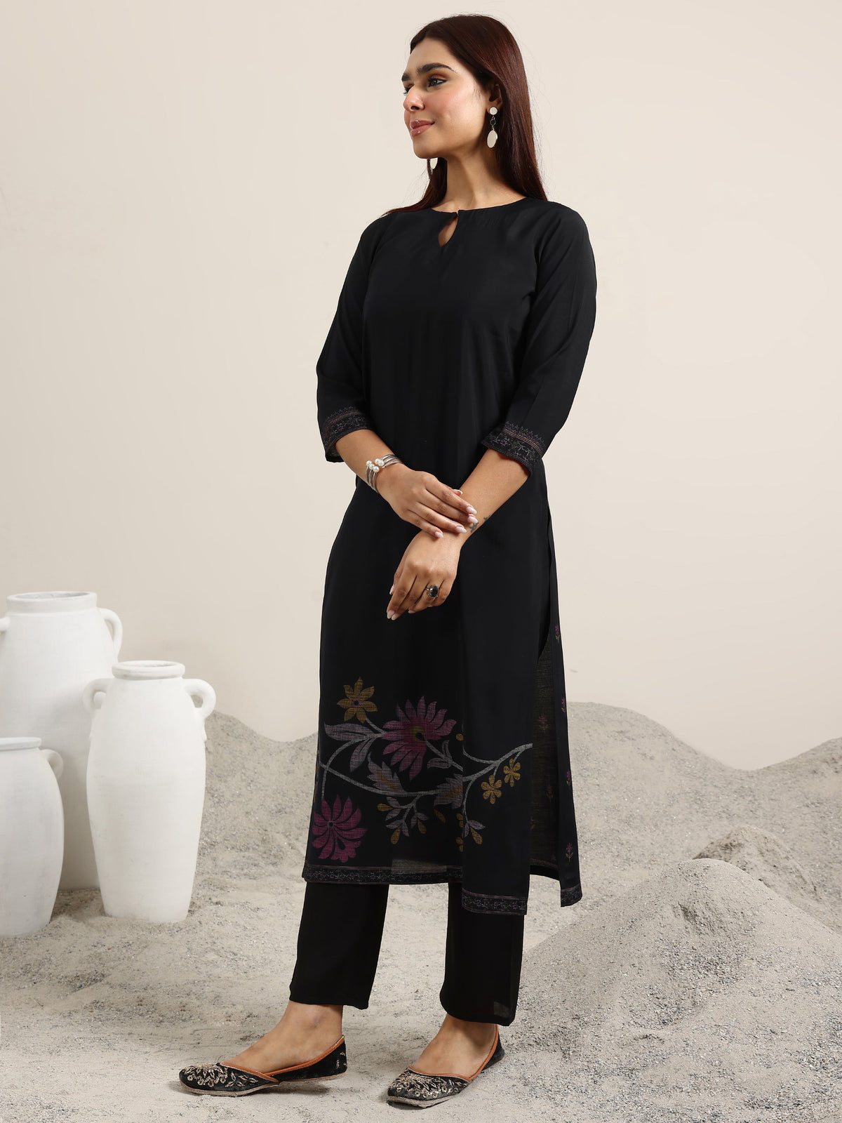 Libas Black Printed Silk Blend Straight Suit With Dupatta