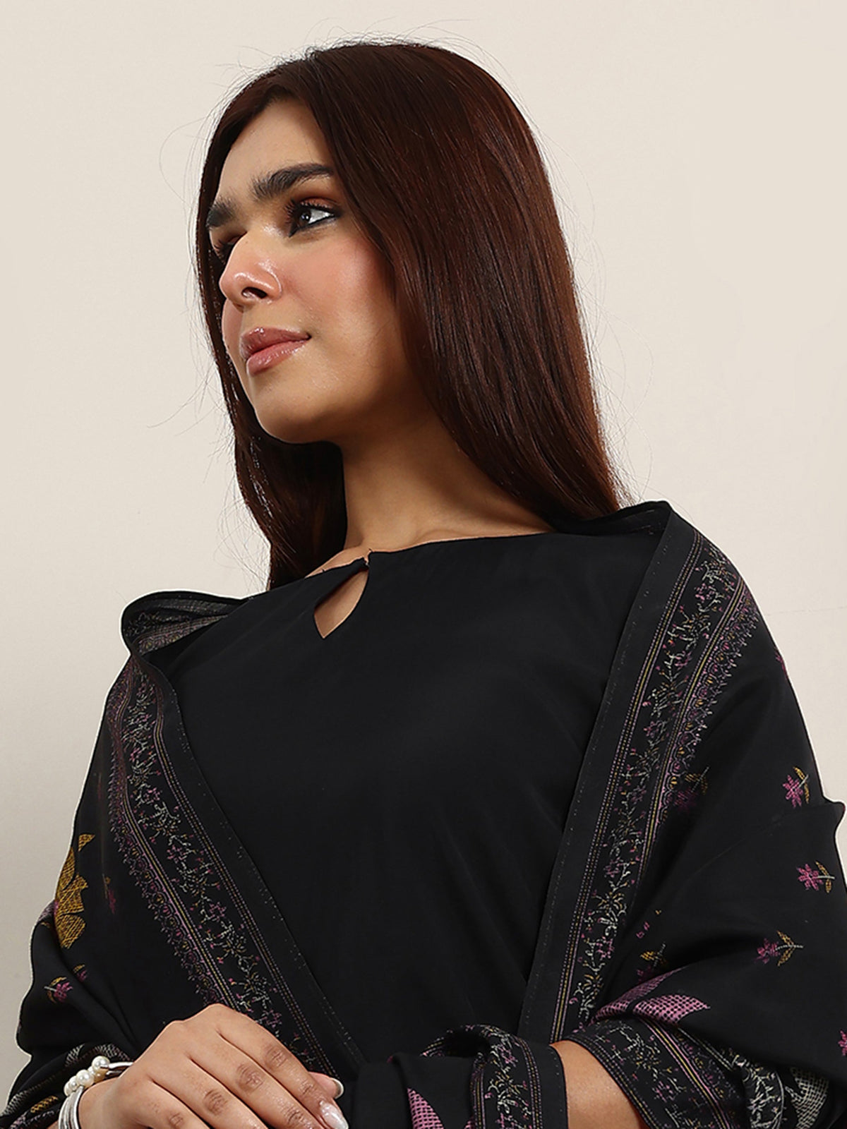 Libas Black Printed Silk Blend Straight Suit With Dupatta