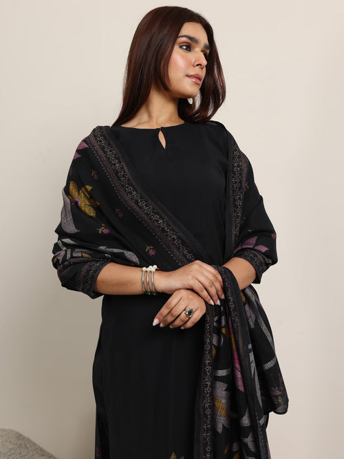 Libas Black Printed Silk Blend Straight Suit With Dupatta