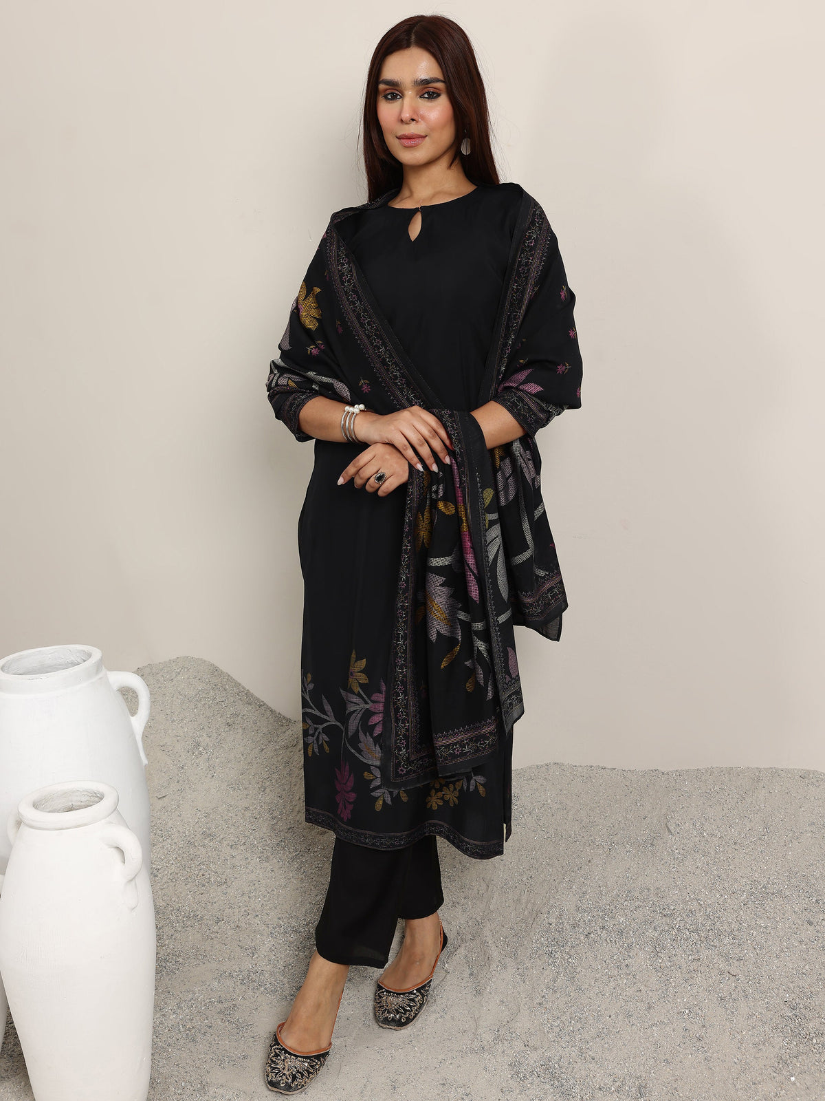 Libas Black Printed Silk Blend Straight Suit With Dupatta