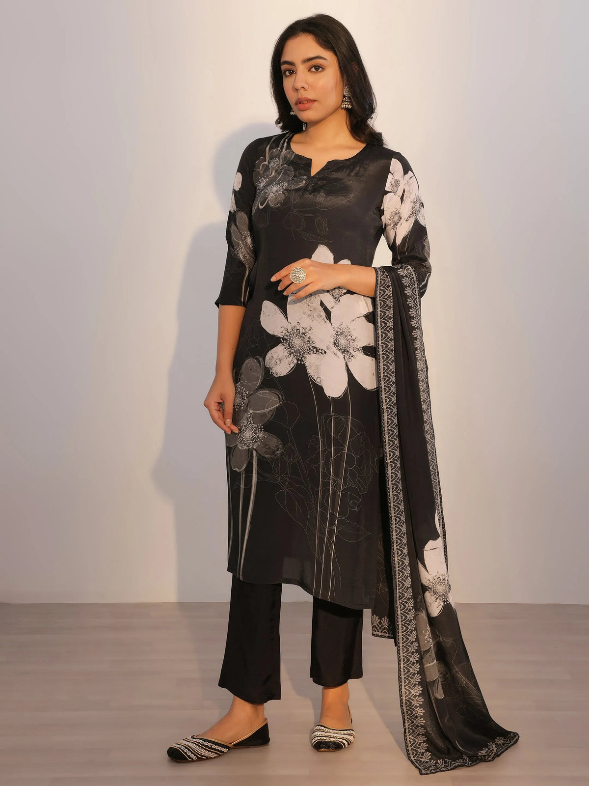 Libas Black Printed Silk Blend Straight Suit With Dupatta