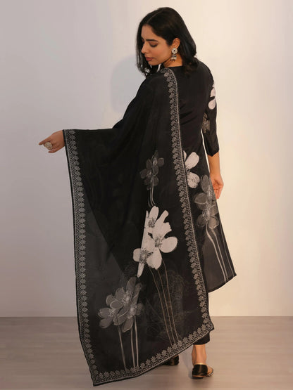 Libas Black Printed Silk Blend Straight Suit With Dupatta