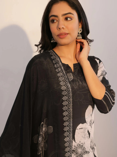 Libas Black Printed Silk Blend Straight Suit With Dupatta
