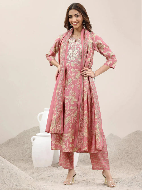 Libas Pink Printed Silk Blend Straight Suit With Dupatta