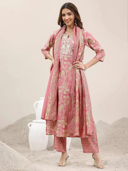 Libas Pink Printed Silk Blend Straight Suit With Dupatta
