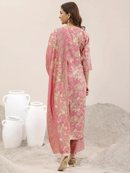Libas Pink Printed Silk Blend Straight Suit With Dupatta