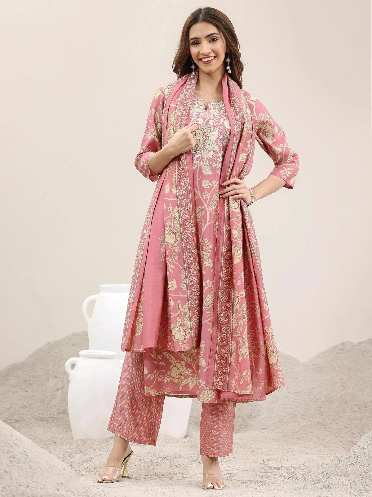 Libas Pink Printed Silk Blend Straight Suit With Dupatta