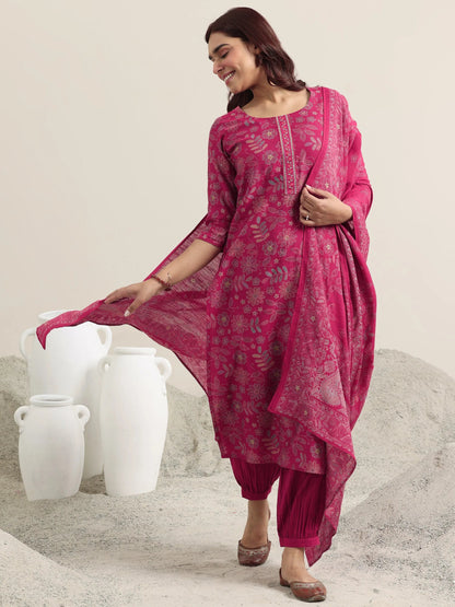 Libas Pink Printed Silk Blend Straight Suit With Dupatta