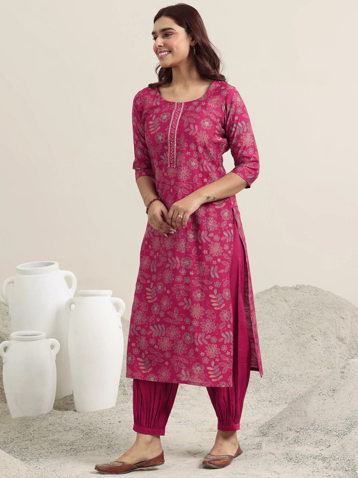 Libas Pink Printed Silk Blend Straight Suit With Dupatta