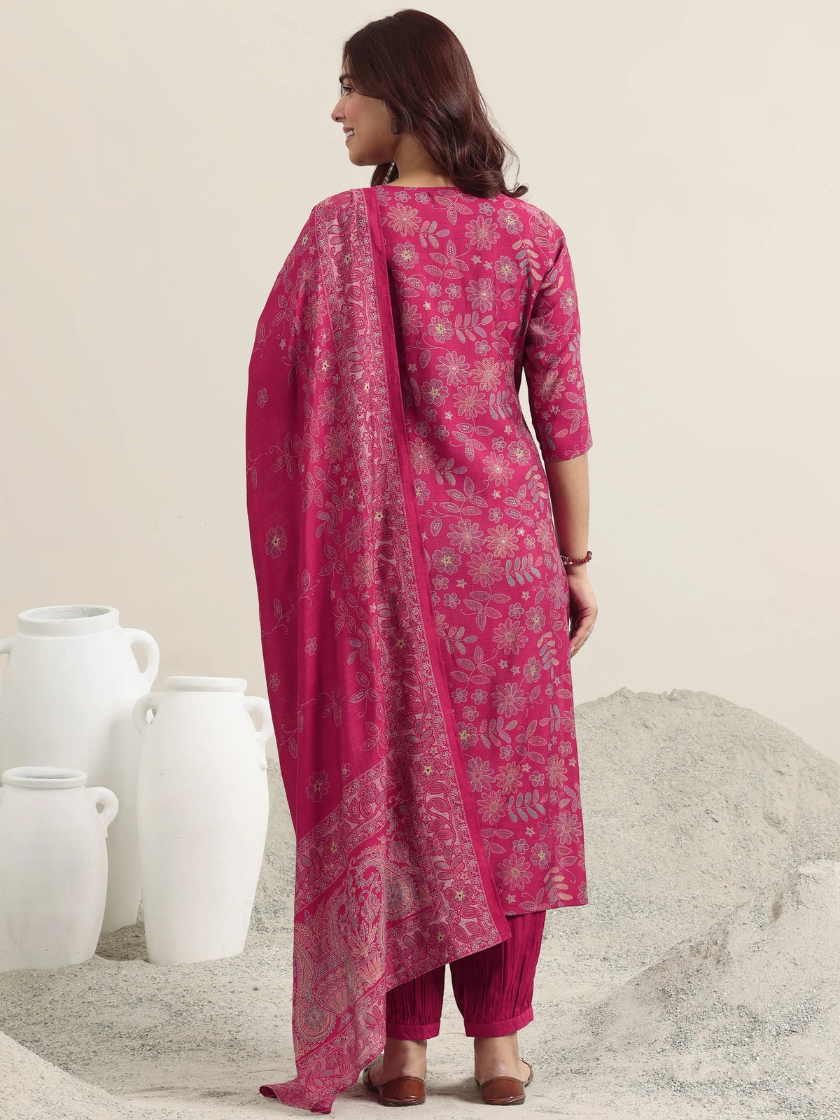 Libas Pink Printed Silk Blend Straight Suit With Dupatta