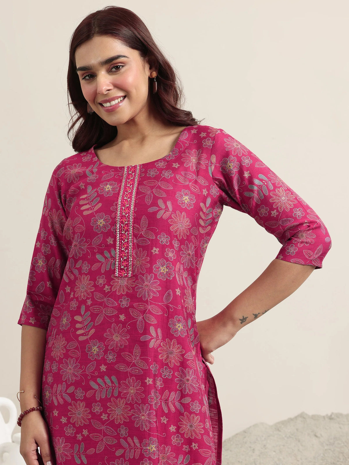 Libas Pink Printed Silk Blend Straight Suit With Dupatta