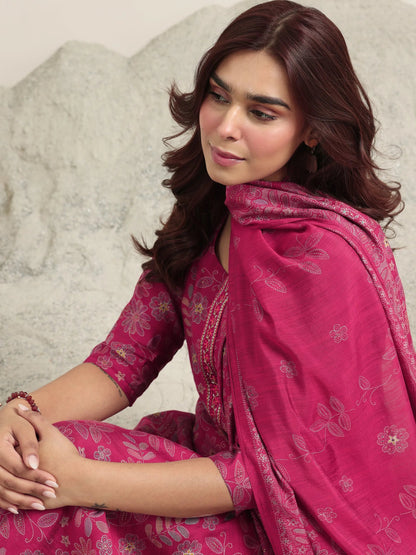Libas Pink Printed Silk Blend Straight Suit With Dupatta