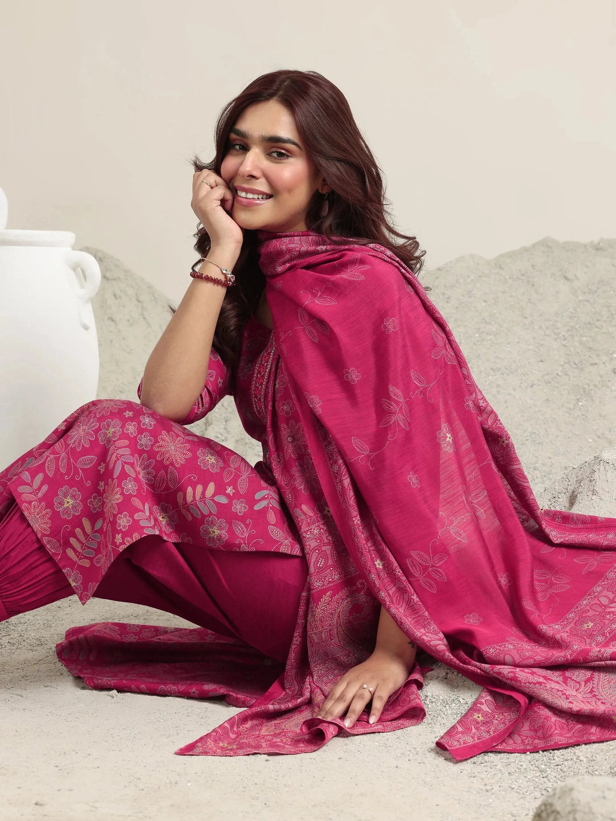 Libas Pink Printed Silk Blend Straight Suit With Dupatta