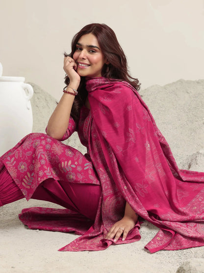 Libas Pink Printed Silk Blend Straight Suit With Dupatta