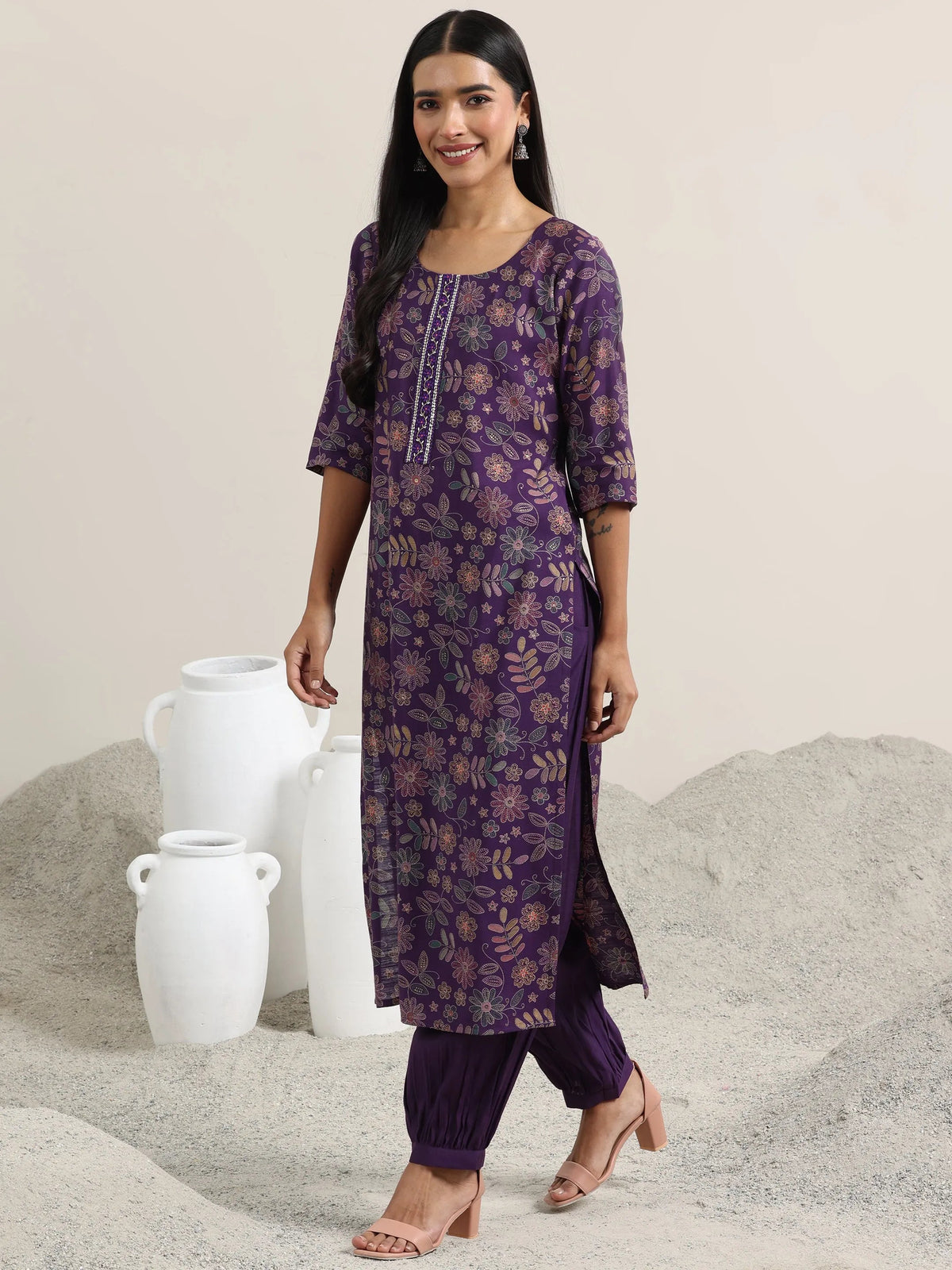 Libas Purple Printed Silk Blend Straight Suit With Dupatta