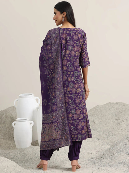 Libas Purple Printed Silk Blend Straight Suit With Dupatta