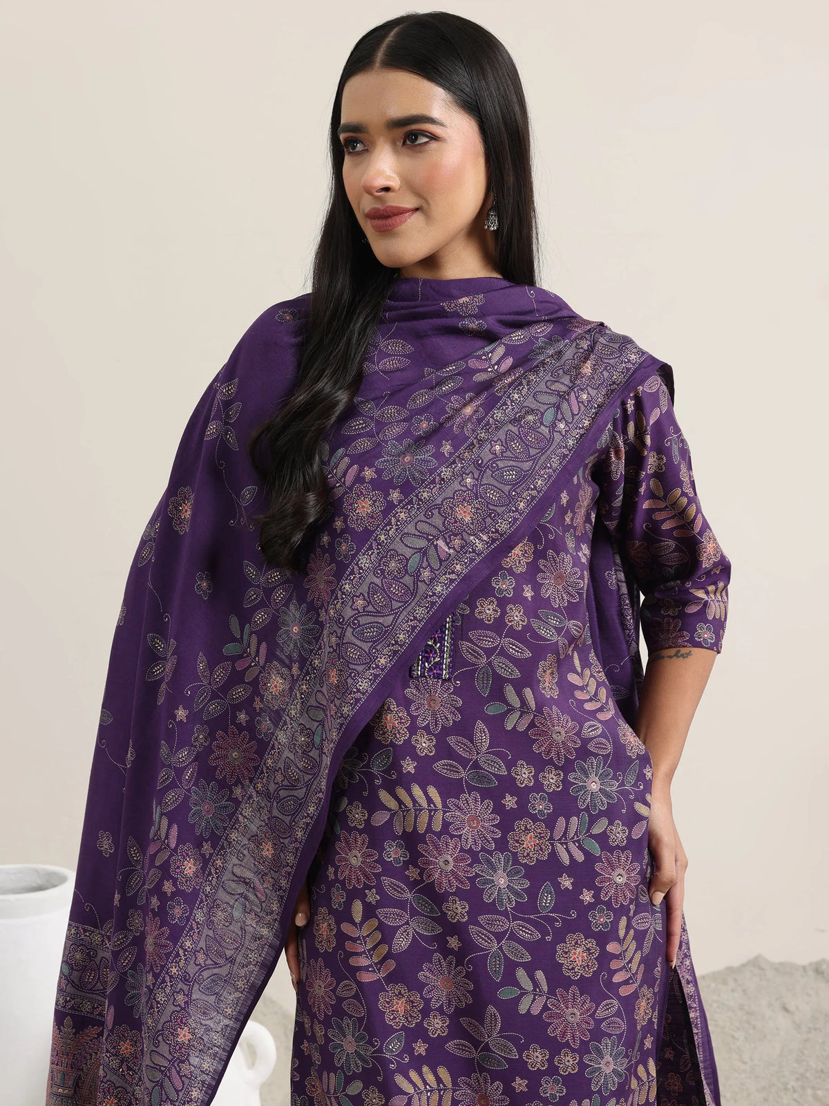 Libas Purple Printed Silk Blend Straight Suit With Dupatta