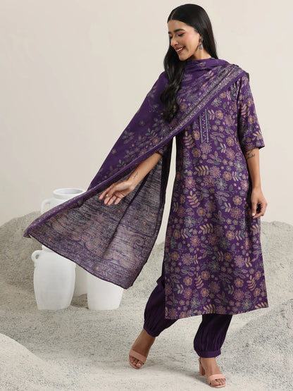 Libas Purple Printed Silk Blend Straight Suit With Dupatta
