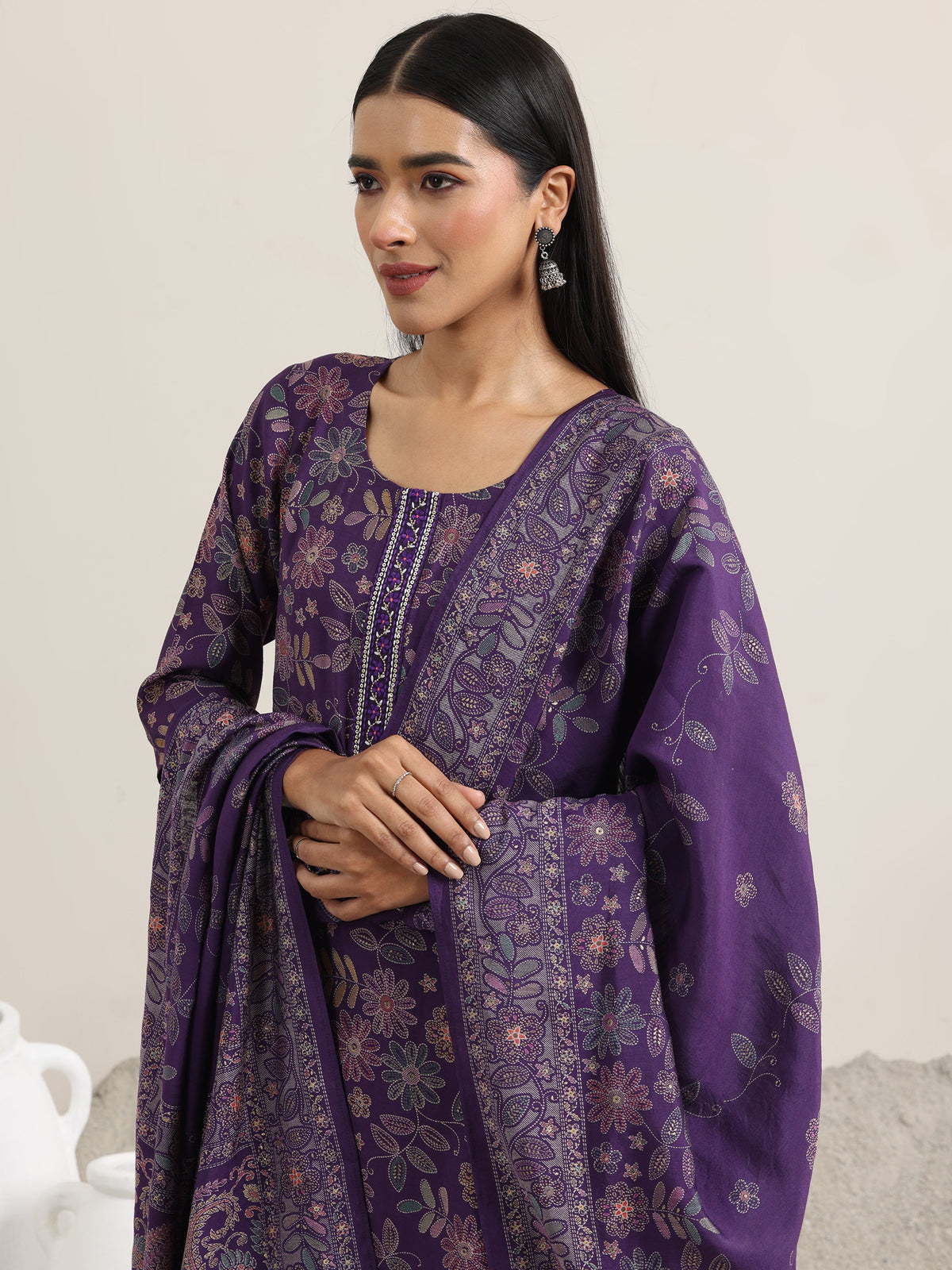 Libas Purple Printed Silk Blend Straight Suit With Dupatta