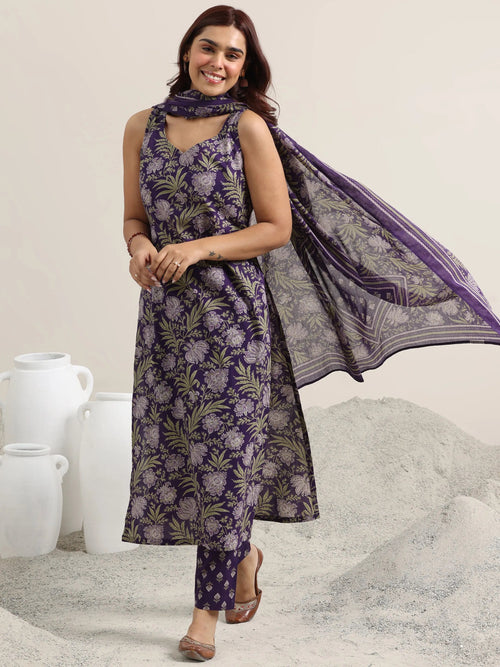 Libas Purple Printed Cotton Straight Suit With Dupatta