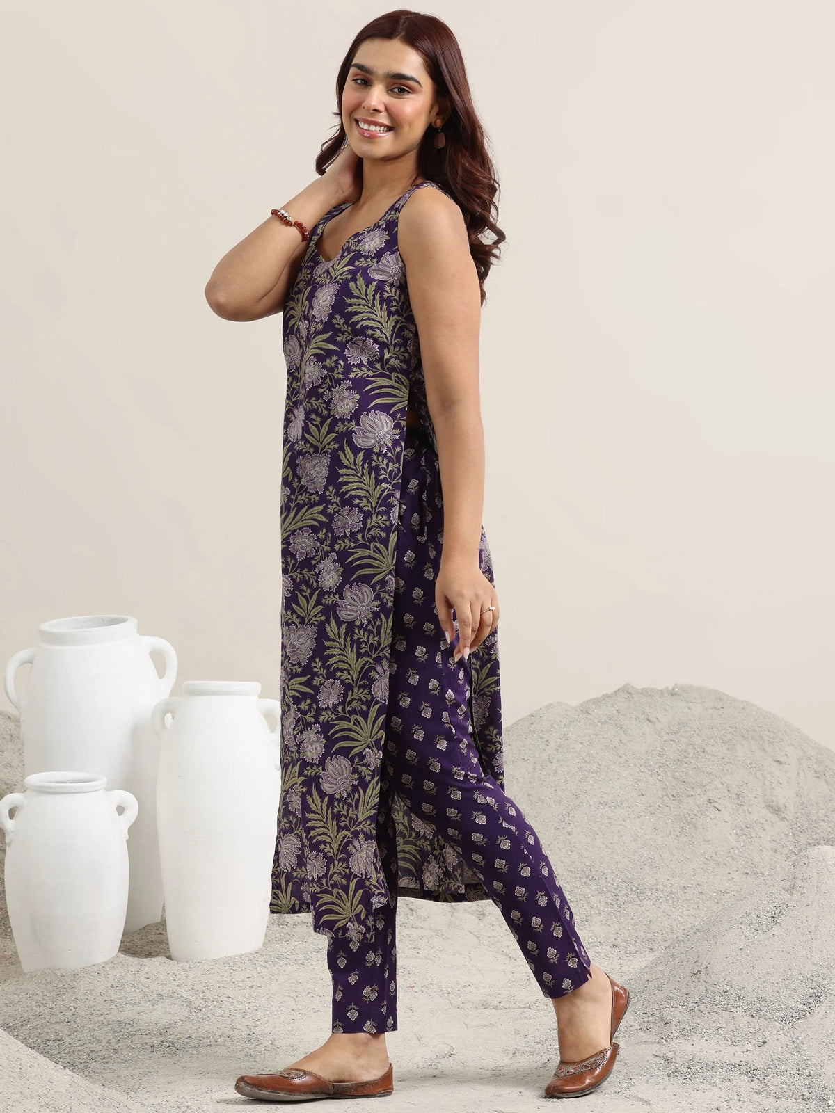 Libas Purple Printed Cotton Straight Suit With Dupatta