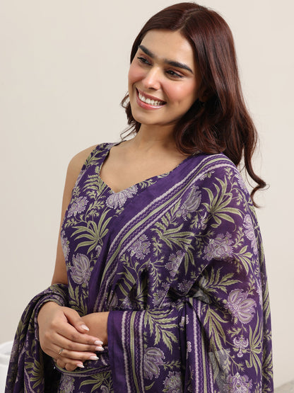 Libas Purple Printed Cotton Straight Suit With Dupatta