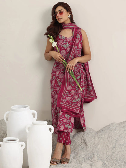 Libas Maroon Printed Cotton Straight Suit With Dupatta