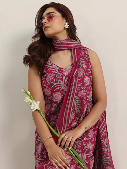 Libas Maroon Printed Cotton Straight Suit With Dupatta