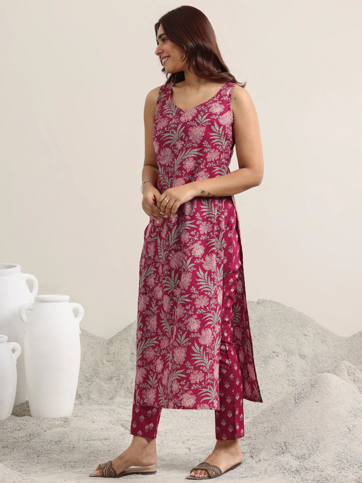 Libas Maroon Printed Cotton Straight Suit With Dupatta