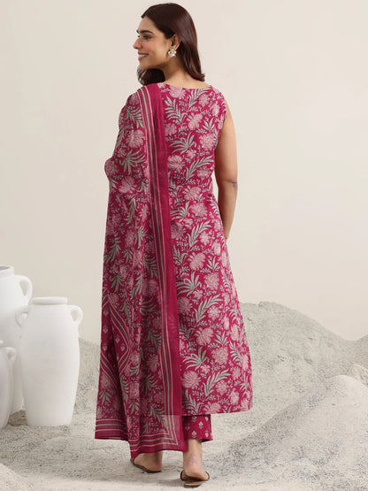 Libas Maroon Printed Cotton Straight Suit With Dupatta