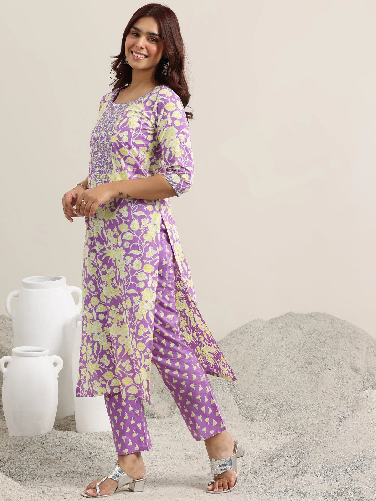 Libas Lavender Printed Cotton Straight Suit With Dupatta