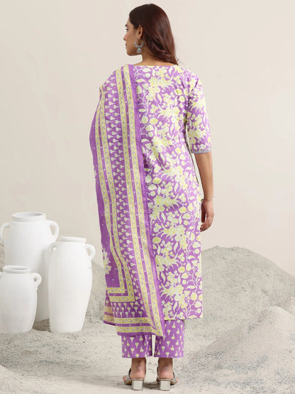 Libas Lavender Printed Cotton Straight Suit With Dupatta