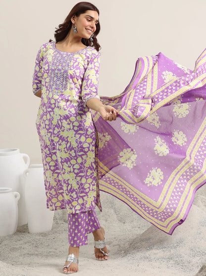 Libas Lavender Printed Cotton Straight Suit With Dupatta