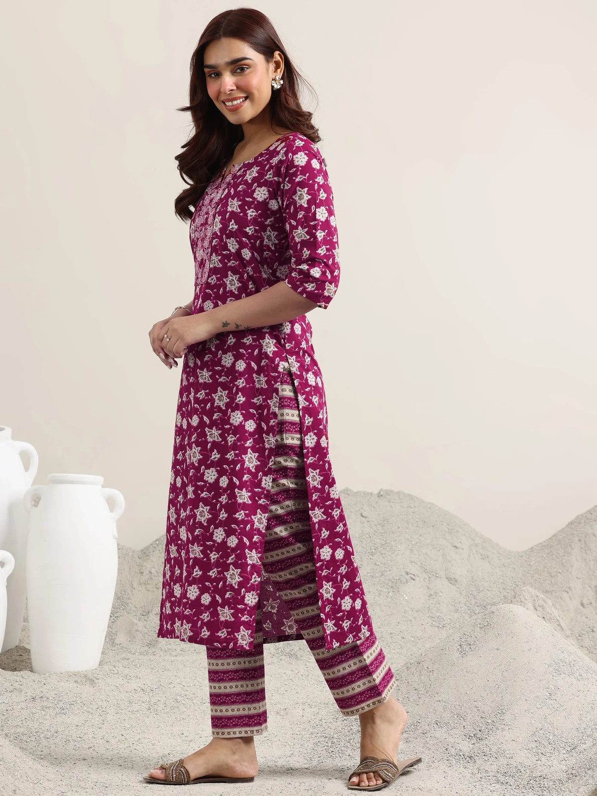 Libas Burgundy Printed Cotton Straight Suit With Dupatta