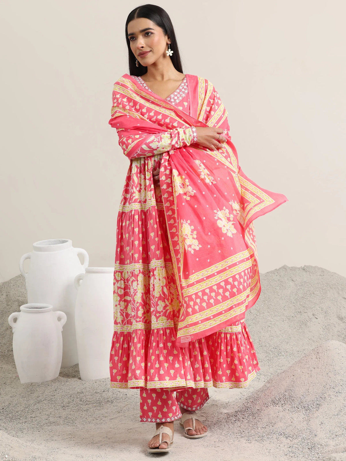 Libas Peach Printed Cotton Anarkali Suit With Dupatta