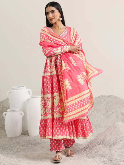 Libas Peach Printed Cotton Anarkali Suit With Dupatta