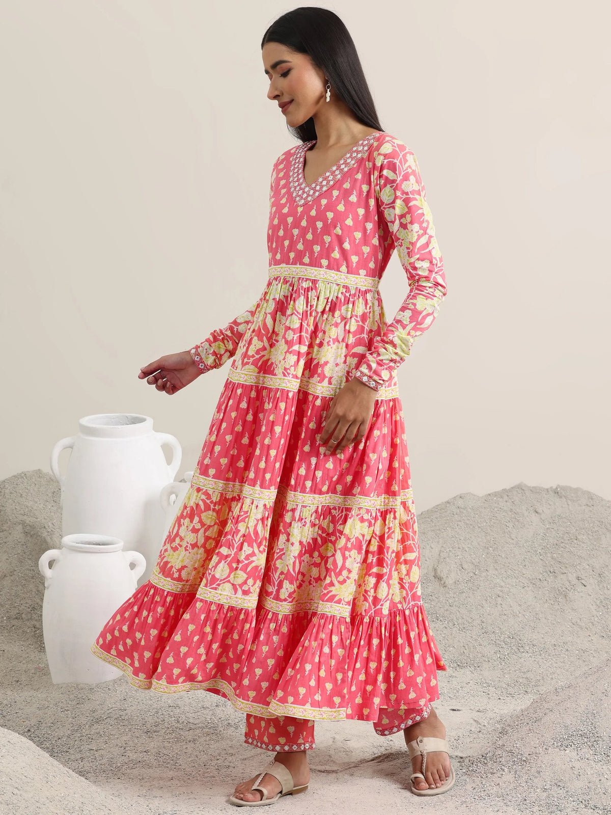 Libas Peach Printed Cotton Anarkali Suit With Dupatta