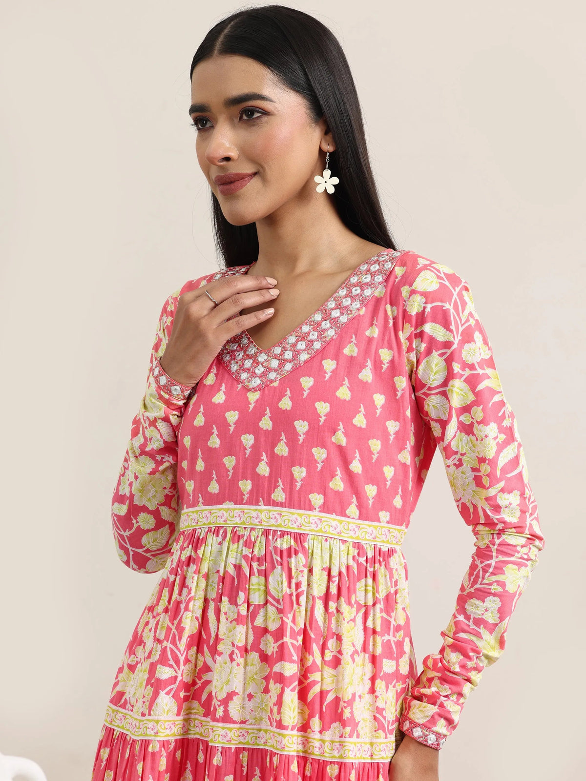 Libas Peach Printed Cotton Anarkali Suit With Dupatta