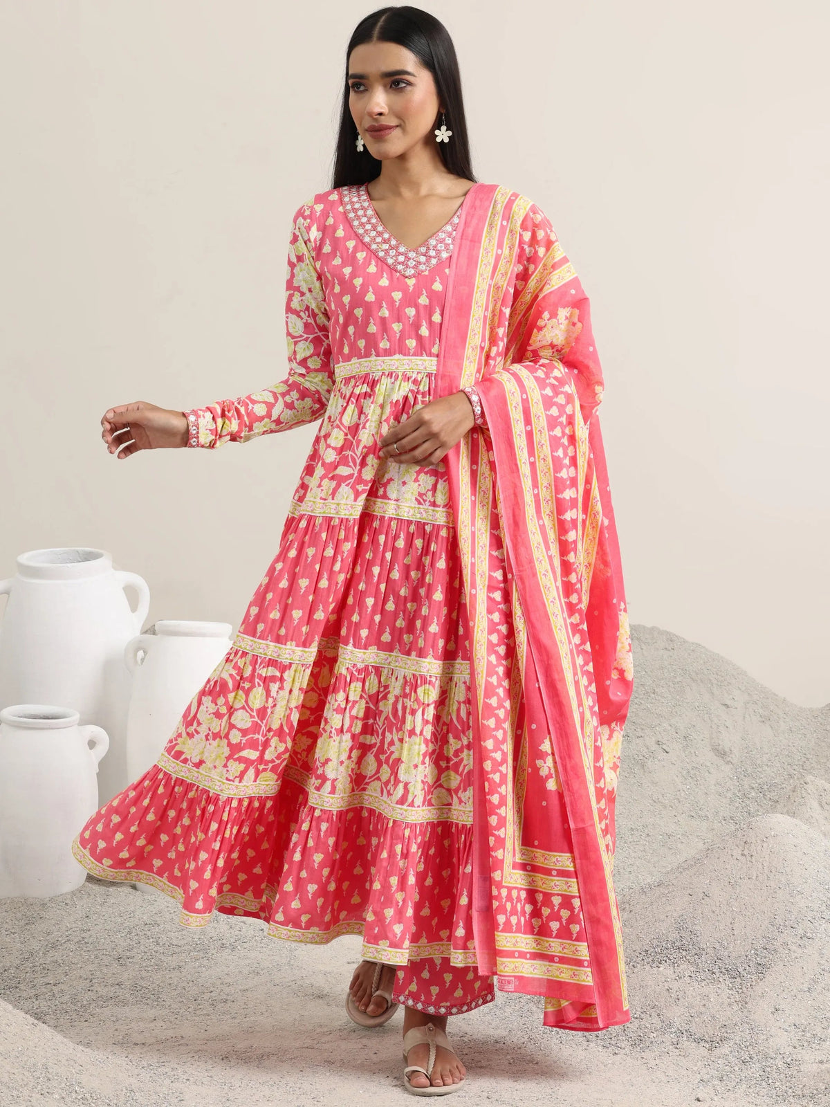 Libas Peach Printed Cotton Anarkali Suit With Dupatta