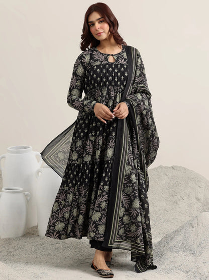 Libas Black Printed Cotton Anarkali Suit With Dupatta