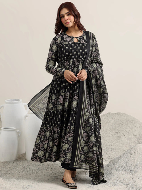 Libas Black Printed Cotton Anarkali Suit With Dupatta