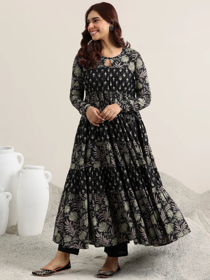 Libas Black Printed Cotton Anarkali Suit With Dupatta