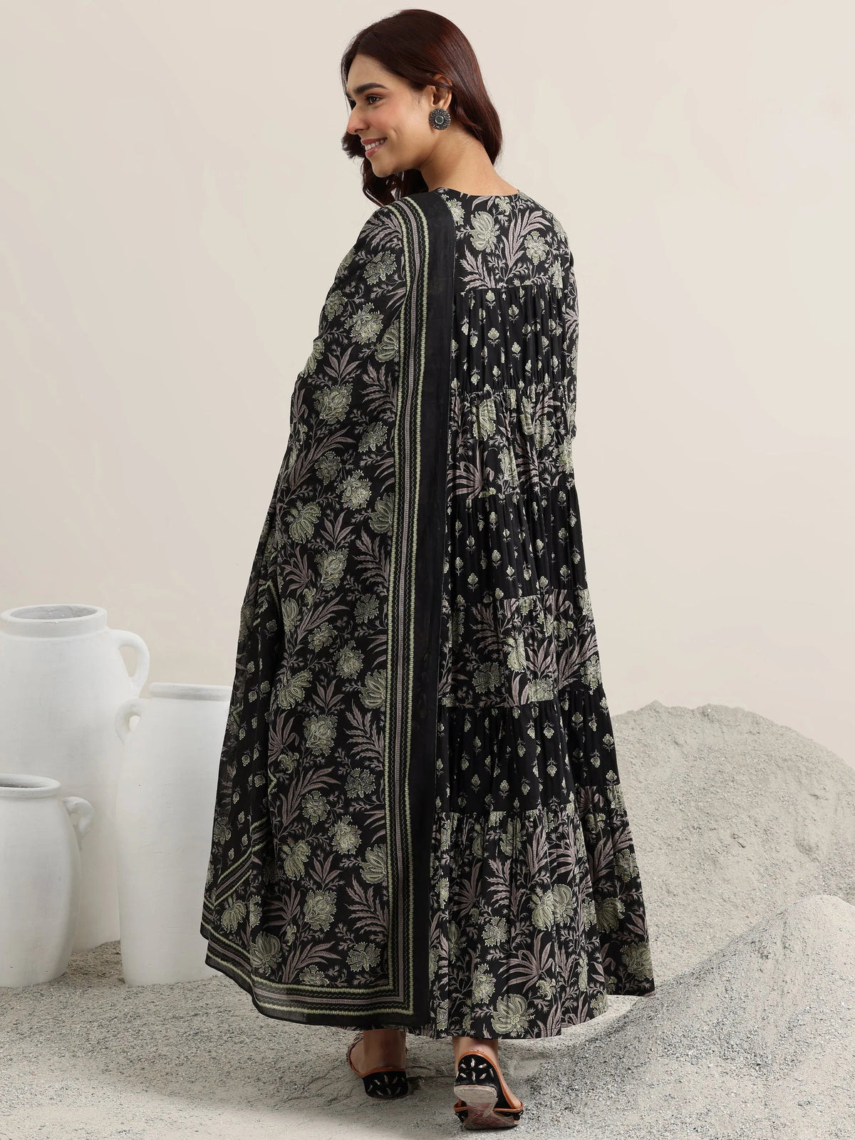 Libas Black Printed Cotton Anarkali Suit With Dupatta