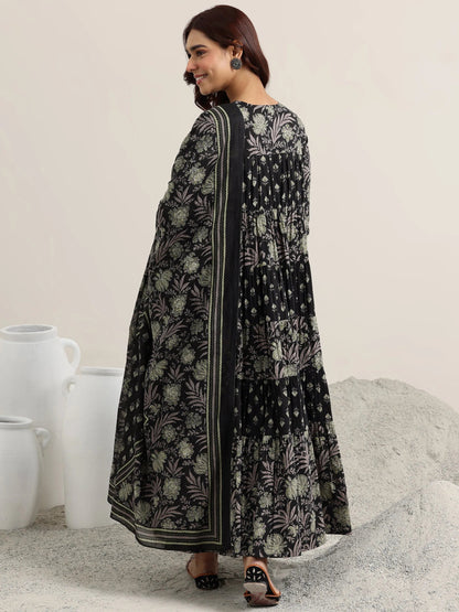 Libas Black Printed Cotton Anarkali Suit With Dupatta