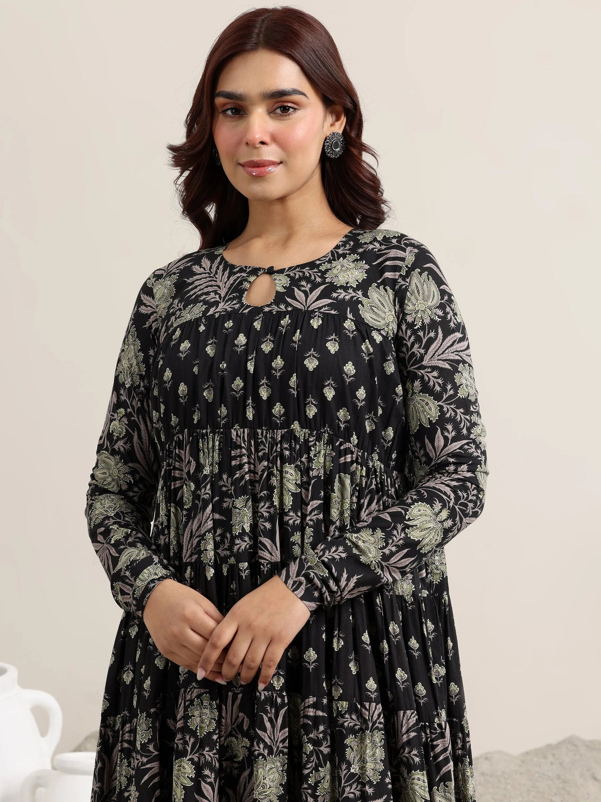 Libas Black Printed Cotton Anarkali Suit With Dupatta