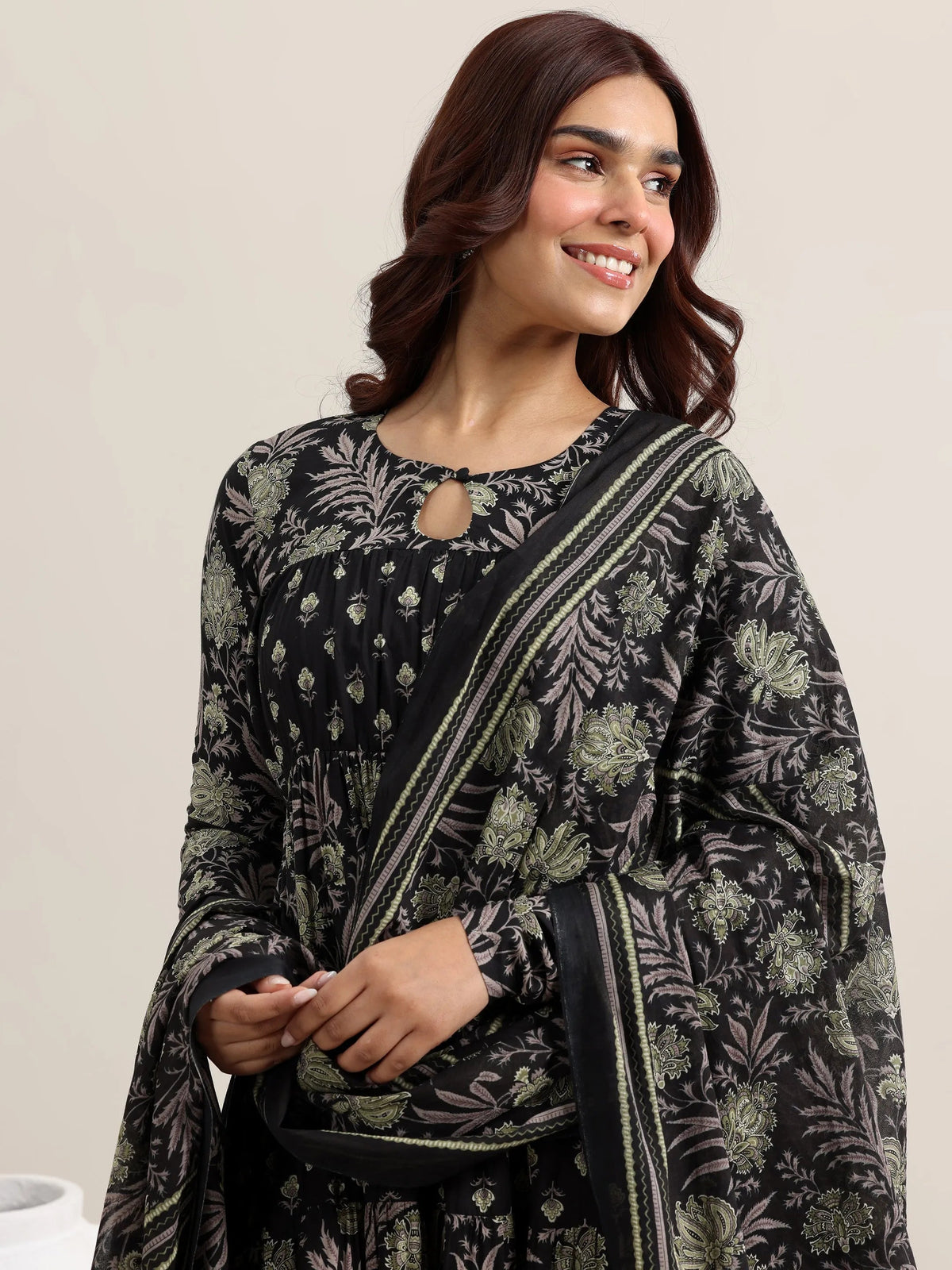 Libas Black Printed Cotton Anarkali Suit With Dupatta