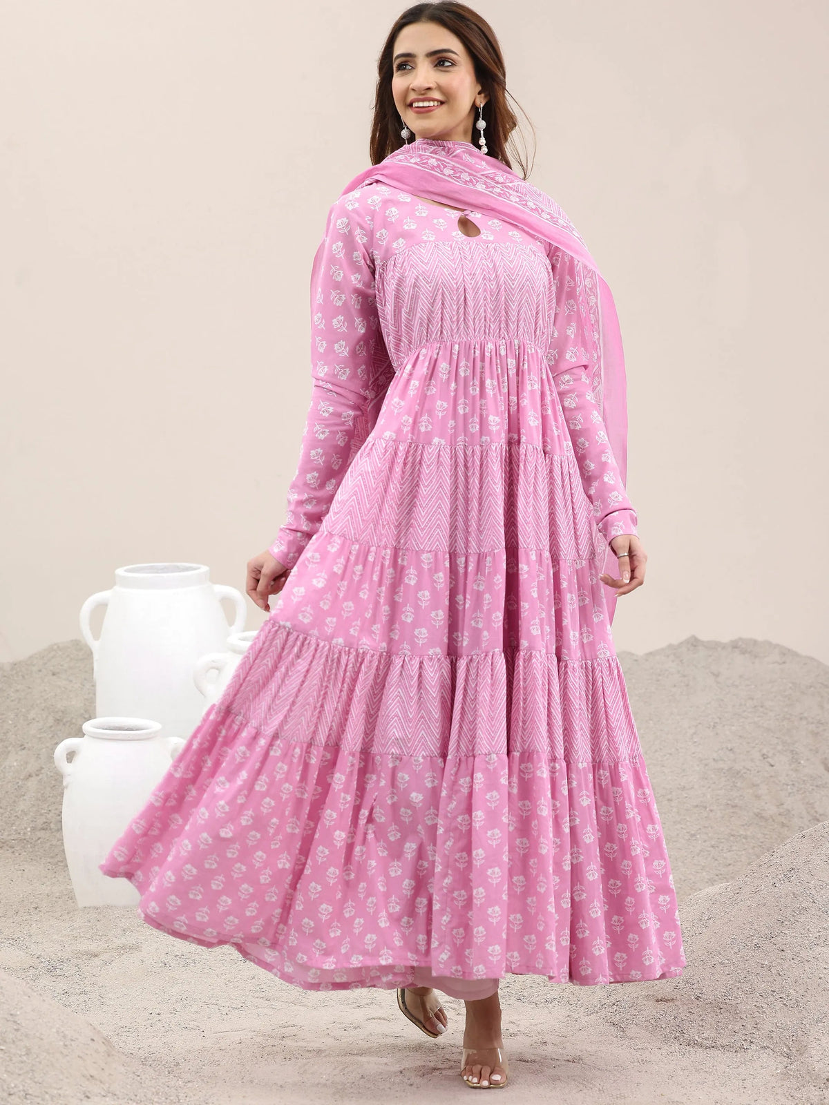 Libas Pink Printed Cotton Anarkali Suit With Dupatta
