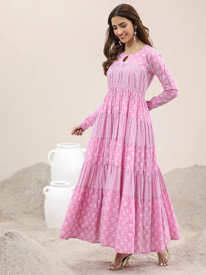 Libas Pink Printed Cotton Anarkali Suit With Dupatta