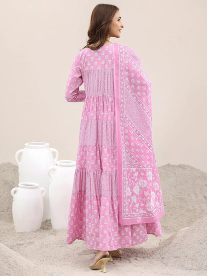 Libas Pink Printed Cotton Anarkali Suit With Dupatta