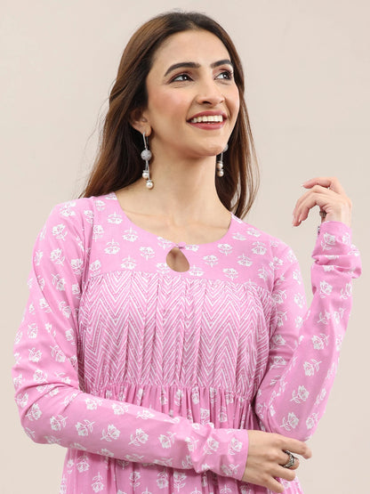 Libas Pink Printed Cotton Anarkali Suit With Dupatta